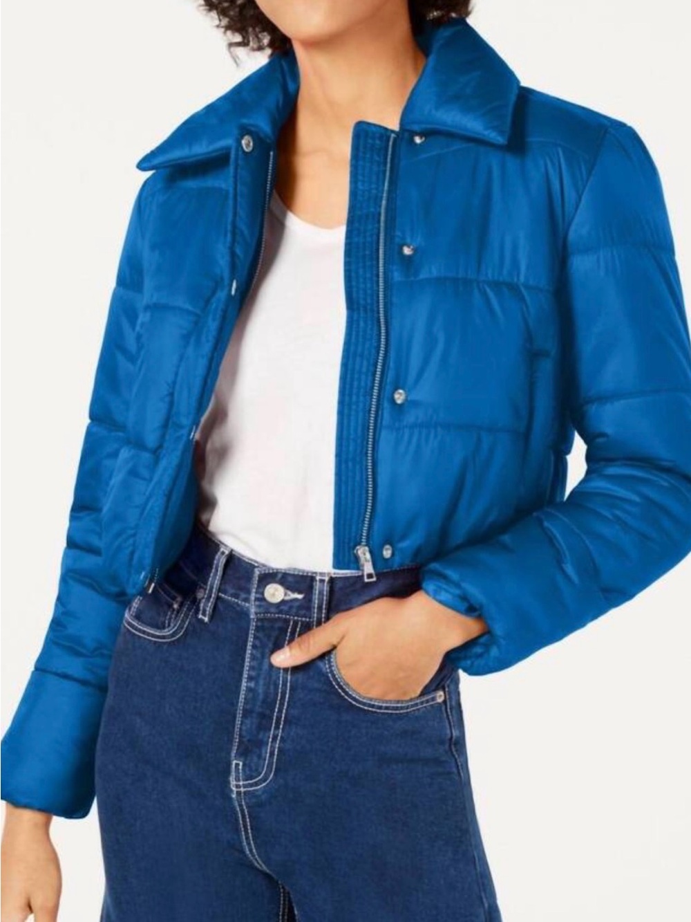 Bar III Women's Bright Blue Cropped Puffer Jacket